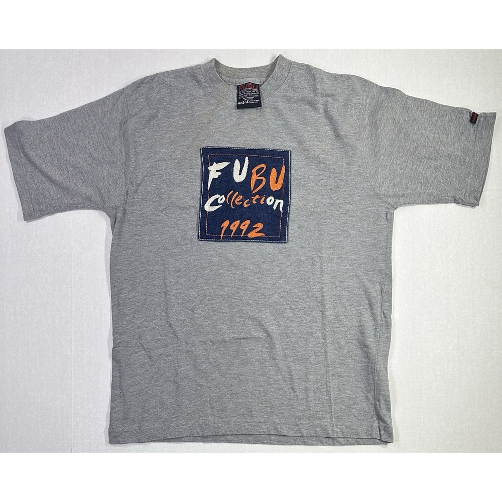 FUBU Collection 1992‎ Patch Tee Gray Youth M Y2K Streetwear Logo Shirt Embroider